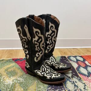 Tanner Mark Black Leather Tall Western Boot 5.5 Cowgirl Cowboy Shimmer